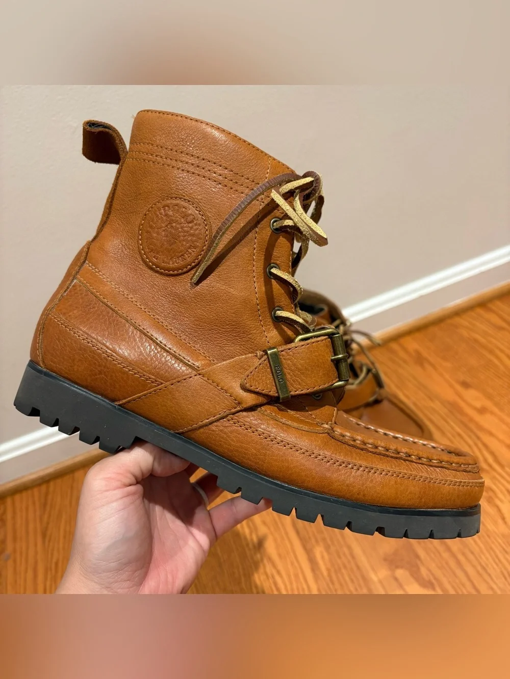 Polo Ralph Lauren Ranger Tumbled Leather Buckle Lug Sole Boots Mens Sz 9